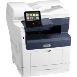 Das Bild zeigt den Multifunktionsdrucker VersaLink B405DN von Xerox. Zu sehen ist ein modern aussehendes Gerät in Weiß und Dunkelblau mit einem prominenten Bedienfeld, das einen Farb-Touchscreen aufweist. Der Drucker vereint mehrere Funktionen wie Drucken, Scannen, Kopieren und Faxen, was ihn zu einem vielseitigen Bürogerät macht. Die klare und frontale Ansicht dient dazu, das Design und die wichtigen Merkmale des Geräts hervorzuheben.