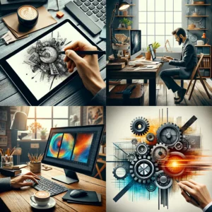 Lenovo-Nutzungsszenarien-Kollage: Kreativer Einsatz des Tablets, effiziente Desktop-PC-Arbeitsumgebung, mobiler Laptop im Café und Symbol für hohe Produktivität