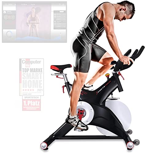 Sportstech Profi Indoor Cycle SX500 mit Smartphone App Steuerung+Google Street View, 25KG Schwungrad, Armauflage, Pulsgurt kompatibel Speedbike Studioqualität -SPD Klicksystem -bis 150KG