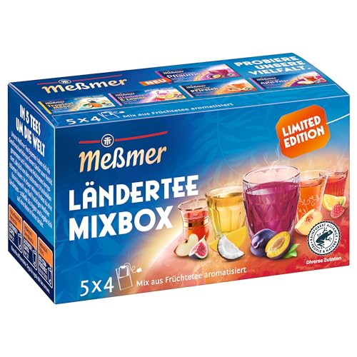 Meßmer Ländertee Mixbox | Limited Edition | 5x4 Teebeutel | Türkischer Apfel-Feige, Spanische Orange, Nordische Beeren, Toskanischer Pfirsich und Italienische Limone | Gluten- & Laktosefrei | Vegan