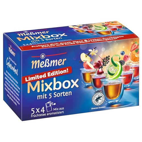 Meßmer verfeinerte Früchtetees Mixbox | Limited Edition | 5x4 Teebeutel | Apfel-Vanille, Erdbeere-Orange, Holunder-Kirsche, Waldbeeren und Holunderblüte-Limette | Gluten- & Laktosefrei | Vegan